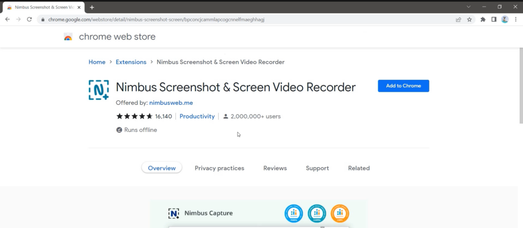 Nimbus App at Google Chrome Store. Image powered by Nimbus Platform