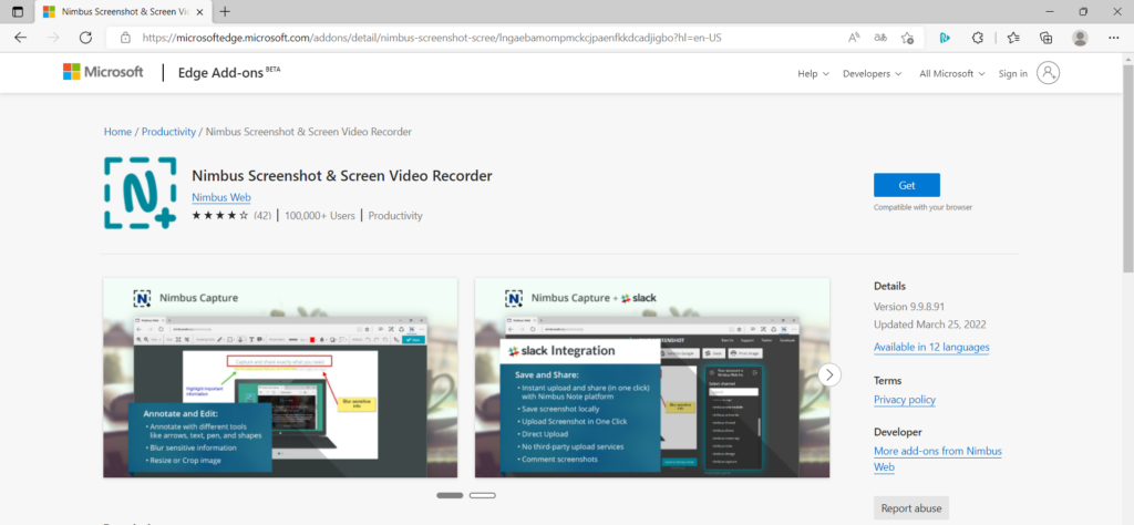 Nimbus App at Microsoft Edge Store.
