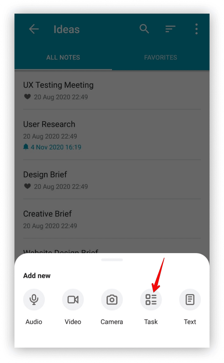 Tap on the page creation button in the list of pages.
Select Task