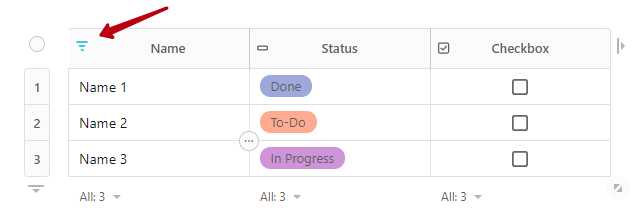 After filtering is activated, you will see a filtering icon next to the column name, and clicking on it will open the filtering bar.